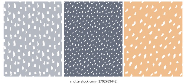 Funny Abstract Spots Seamless Vector Patterns. White Irregular Freehand Brush Lines on a Graphite, Blue and Orange Background. Simple Infantile Style Geometric Print ideal for Fabric, Textile.
