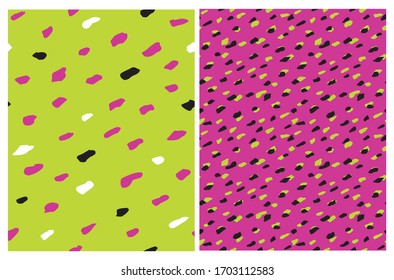 Funny Abstract Spots Seamless Vector Patterns. White, Pink and Black Irregular Freehand Brush Lines on a Green Background. Black and Green Spots on a Pink. Simple Infantile Style Geometric Print.