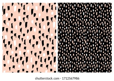 Funny Abstract Vector Pattern with White and Black Hand Drawn Brush Smudges on a Light Blush Pink Background. Freehand Dabs on a Black. Irregular Geometric Repeatable Vector Design for Textile.