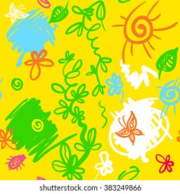 funny abstract yellow pattern with flowers butterflies and spots vector illustration