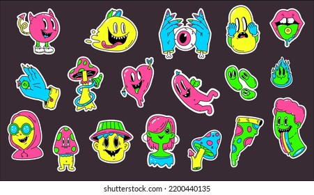 Funny acid surreality cute stickers. Hipster patches with crazy retro characters. Groovy design 70s 80s, neon psychedelic mushroom and snugly vector elements