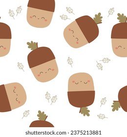 Graciosa bellota con hojas sin costura. Impresión de bosque infantil. Ilustración dibujada a mano por vectores.