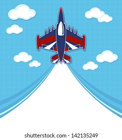 funny acrobatic jet  cartoon with blank contrail for copy space on blue background and clouds