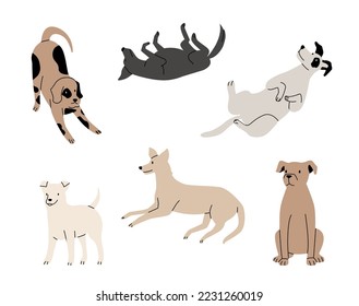 Funny active dogs in different positions. Playful pets, sitting, standing and lying puppies isolated set. Cartoon domestic purebred characters. Friendly cute animals vector illustration