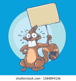 a funny activist squirrel holds blank banner to request to something or protest to something or celebrating birthday etc. cartoon style vector illustration. background colors are in separate layer.