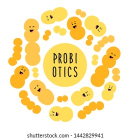 Funny ad cute probiotic bacteria family cartoon characters isolated on white, gut and intestinal flora, germs, virus, set of good microbes in flat style for banner, presentation, package design etc