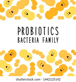 Funny ad cute probiotics bacteria family cartoon characters isolated on white, gut and intestinal flora, germs, virus, set of good microbes in flat style for banner, presentation, package design etc