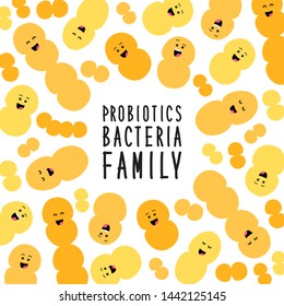 Funny ad cute probiotics bacteria family cartoon characters isolated on white, gut and intestinal flora, germs, virus, set of good microbes in flat style for banner, presentation, package design etc