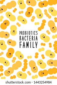 Funny ad cute probiotics bacteria family cartoon characters isolated on white, gut and intestinal flora, germs, virus, set of good microbes in flat style for banner, presentation, package design etc