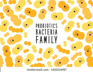 Funny ad cute probiotics bacteria family cartoon characters isolated on white, gut and intestinal flora, germs, virus, set of good microbes in flat style for banner, presentation, package design etc