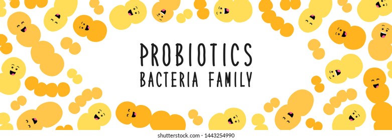 Funny ad cute probiotics bacteria family cartoon characters isolated on white, gut and intestinal flora, germs, virus, set of good microbes in flat style for banner, presentation, package design etc