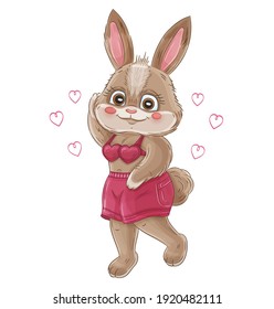 Funny adorable bunny. Rabbit in love in pink clothes with hearts. Romantic valentine day cartoon character. Happy Easter holiday. Cute little hare for print or greeting card design. Hand drawn vector 