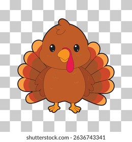 Funny and adorable cartoon turkey vector with big tail feathers and sweet expression. Great for Thanksgiving-themed projects, autumn invitations, or seasonal clipart.