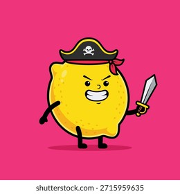 Una divertida y adorable mascota de fruta de limón con un sombrero pirata y una Pequeña espada, lista para la aventura en un fondo rosa vibrante.