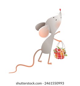 Funny adorable little mouse holding a bag full of apples. Cute baby mouse animal character for children story and tale. Rodent illustration for kids fairytale. Vector cartoon, isolated clipart.