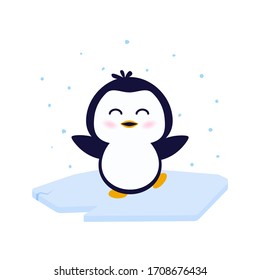 Funny, adorable penguin enjoys snow. Cute cartoon childrens illustration.  Vector simple illustration with animal for t-shirt print, poster, postcard.