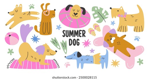 Divertidos adorables personajes de perros de verano diversión disfrutando de la actividad de vacaciones de playa nadando tomando el sol jugando con el juego de pelota. Cachorros turistas linda mascota Ilustración vectorial. Verano y viajes