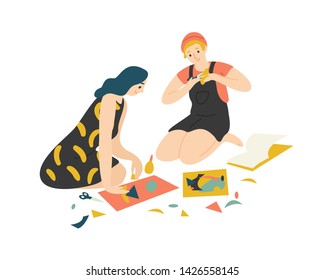 Funny adorable young boy and girl sitting on floor, cutting colorful paper with scissors and making collage. Cute man and woman enjoying their hobby together at home. Flat cartoon vector illustration.