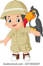 a funny adventurous boy is posing with a big toucan bird of illustration