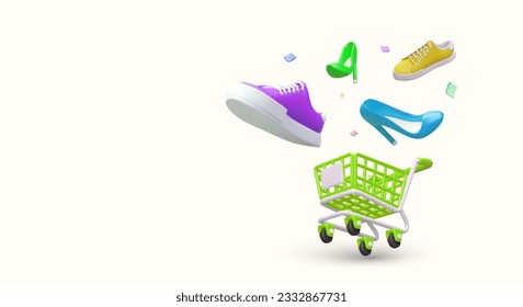 Publicidad divertida de zapatería. Carrito de compras, calzado de color volador, etiquetas de precio. Superpromoción, nueva colección, grandes descuentos. Tiempo de compras. Concepto con espacio para la información del anunciante