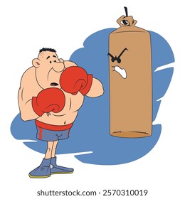 Funny afraid boxer with punching bag. Illustration concept template for website, web landing page, banner, presentation, social, poster, promotion or print media.