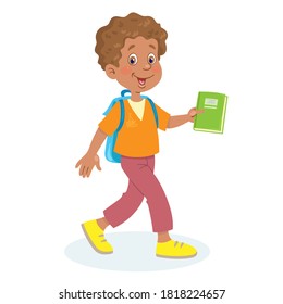 Funny African American boy with a backpack and a book in his hand. In cartoon style. Isolated on white background. Vector flat illustration