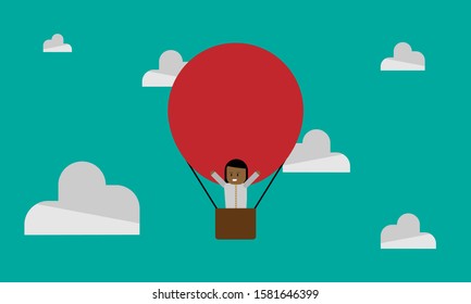 funny african american woman flies in a balloon and rejoices, vector illustration, flat design