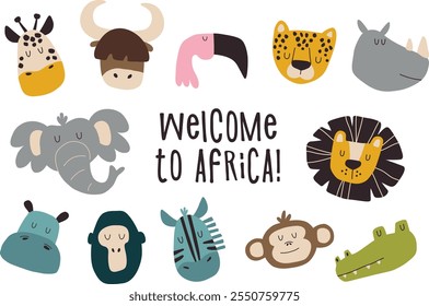 Caras de animales africanos divertidos, incluyendo león, elefante, jirafa, cocodrilo, rinoceronte y otros. Bienvenido a África linda ilustración animal.