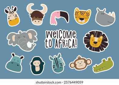 Funny african animal faces, including lion, elephant, giraffe, crocodile, rhinoceros and others. Welcome to Africa, cute animal illustrations.