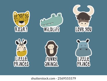 Funny African animal faces sticker pack. Hand drawn illustrations with animals and lettering for cards, posters and clothes.