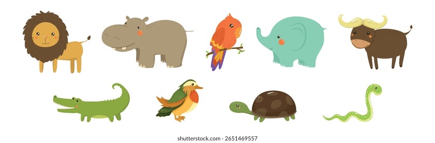 Engraçado conjunto de animais africanos e fauna selvagem. Vida selvagem e zoológico exótico Mammal de Savannah