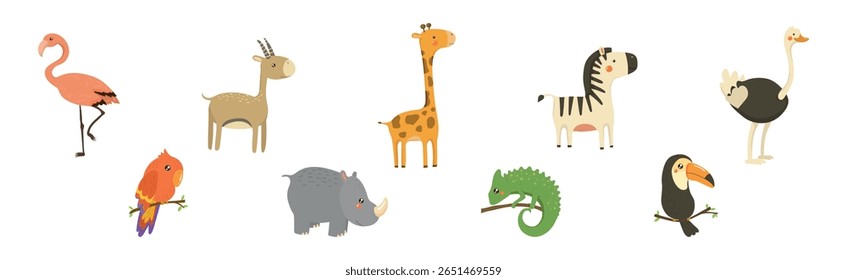 Funny African Animal and Wild Fauna Vector Set. Wildlife and Exotic Zoo Mammal of Savannah