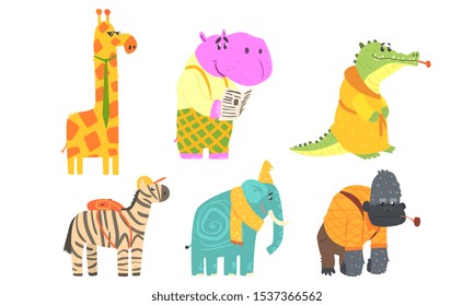 Funny African Animals Cartoon Characters Set, Giraffe, Hippopotamus, Crocodile, Gorilla, Elephant, Zebra Vector Illustration
