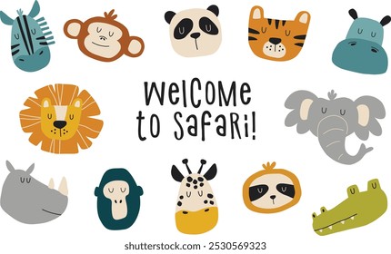 Conjunto de animales africanos divertidos. Caras de animales de safari. Mono, león, elefante, hipopótamo, jirafa.