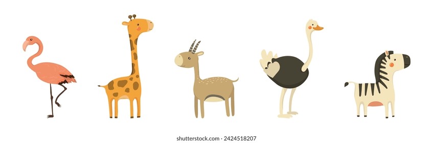Funny African Animals and Zoo Fauna Vector Set