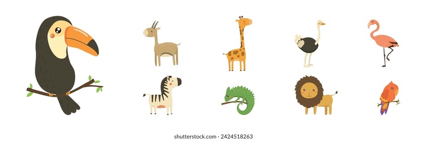 Funny African Animals and Zoo Fauna Vector Set