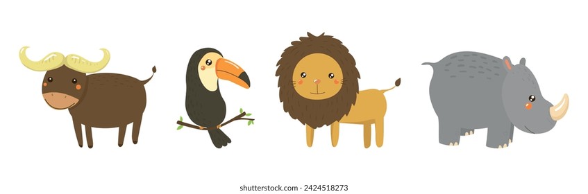 Funny African Animals and Zoo Fauna Vector Set