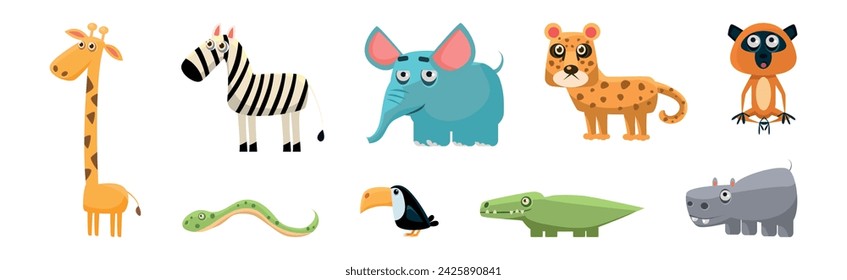 Funny African Animals and Zoo Fauna Vector Set
