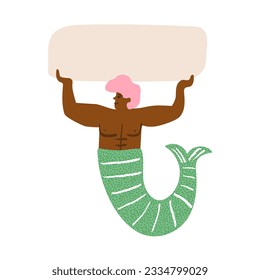 A funny African Black chubby merman with pink hair holds a banner, a cute underwater mermaid man with his hand up holding or showing a banner, athlete. Vector illustration.