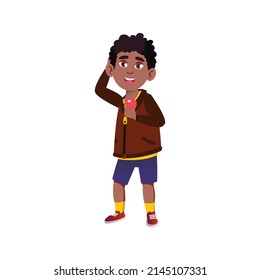 funny african boy eating apple fruit in garden cartoon vector. funny african boy eating apple fruit in garden character. isolated flat cartoon illustration