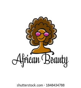 Funny African female portrait, cartoon for your design. Vector illustration