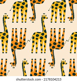 Funny African giraffes hand drawn vector illustration. Cute colorful safari animals seamless pattern for kids fabric or wallpaper.