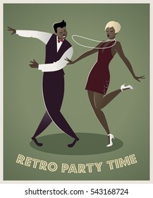 Funny afro american couple dancing charleston. Cartoon retro style