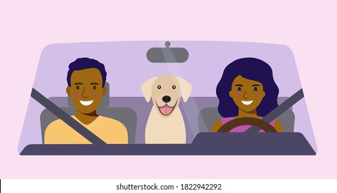 Funny afro american family with dog driving in car front. Vector flat style illustration