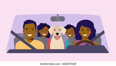 Funny  afro american family driving in car front. Vector flat style illustration