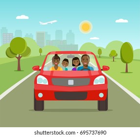 Funny afro american family driving in red car on weekend holiday. Vector flat style  illustration