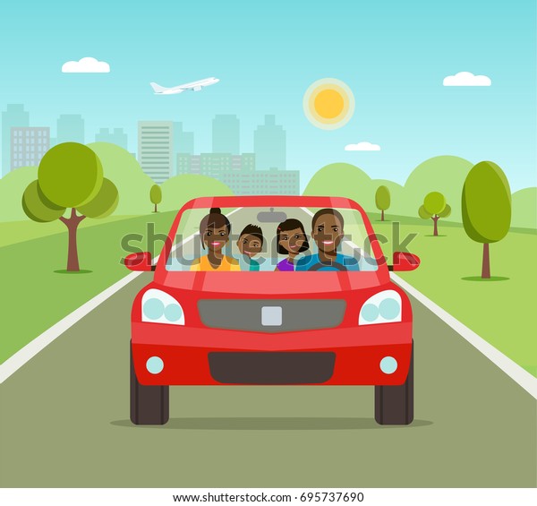 Funny afro american family\
driving in red car on weekend holiday. Vector flat style \
illustration