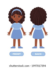 Funny Afro Black Girl in Dress and Shoes. Child has curly hair. Baby is standing in Front and Back of the view. Illustration for education children. Flat Color Cartoon style. White background. Vector.