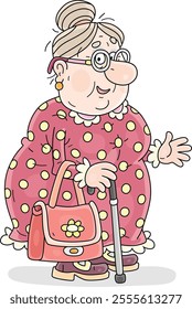 Funny aged woman with a walking stick and a handbag, wearing glasses and old-fashioned clothes, vector cartoon illustration on a white background