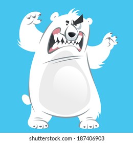 Funny aggressive cartoon white polar bear attacking by standing and showing teeth